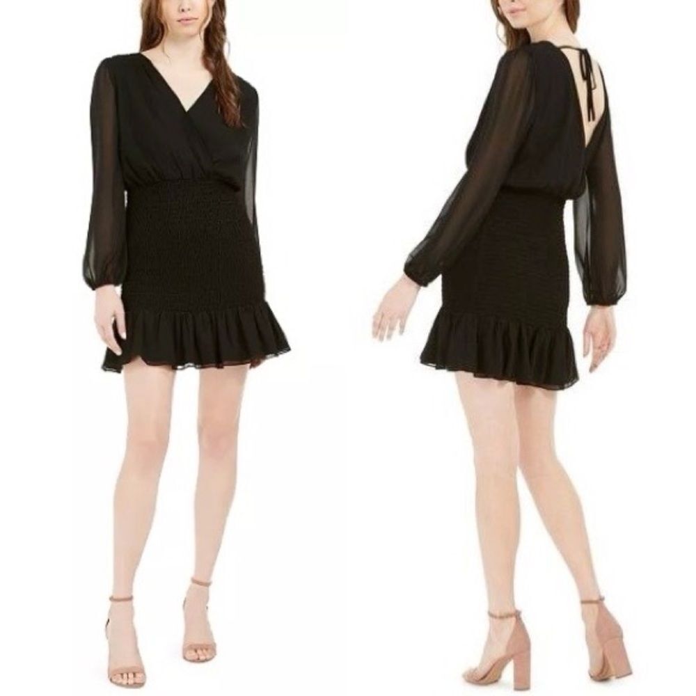 LEYDEN Womens Black Long Sleeve V Neck Short Sheath Dress
